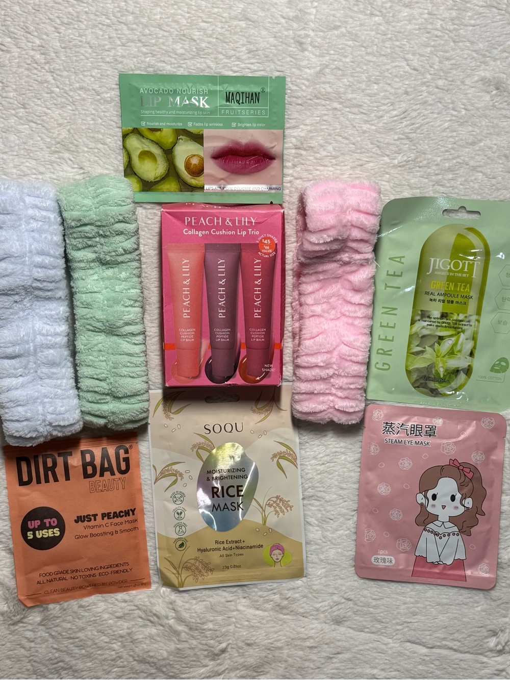 Peach & Lily Collagen Cushion Lip Trio, Spa Headbands, & Masks